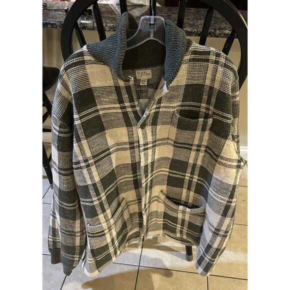J. CREW Men's Cotton Knit Chore Jacket Sweater Heather Cool Cypress Plaid 2XL